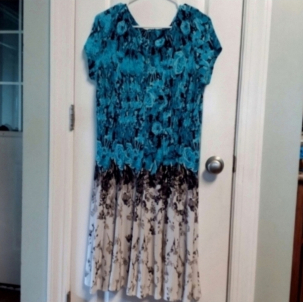 Gabby Skye Turquoise Brown Floral Midi Dress 14 Special Occasions Church Party